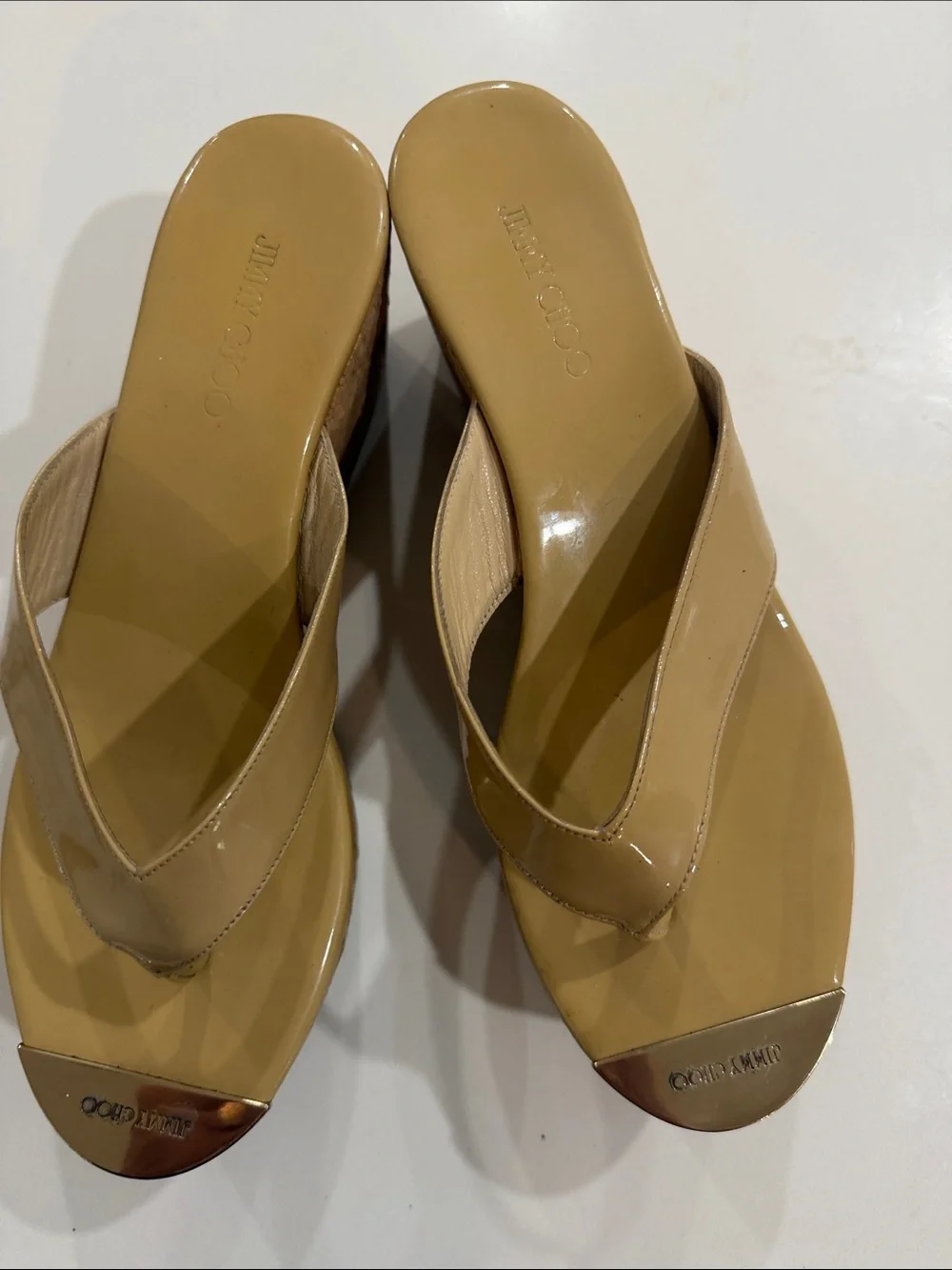Jimmy Choo Nude Patent Cork Wedge Thongs